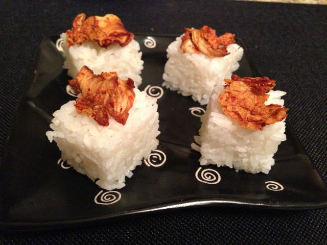 Rice Cubes topped with Dried Kimchi that I bought at Trader Joe's.